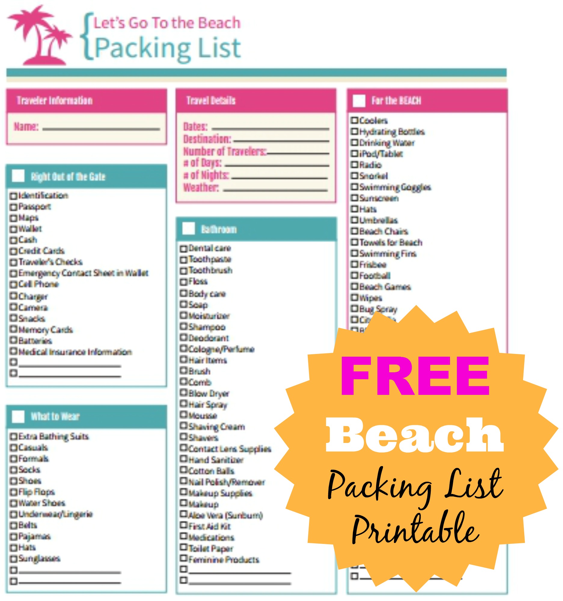 Beach Packing List Printable Free