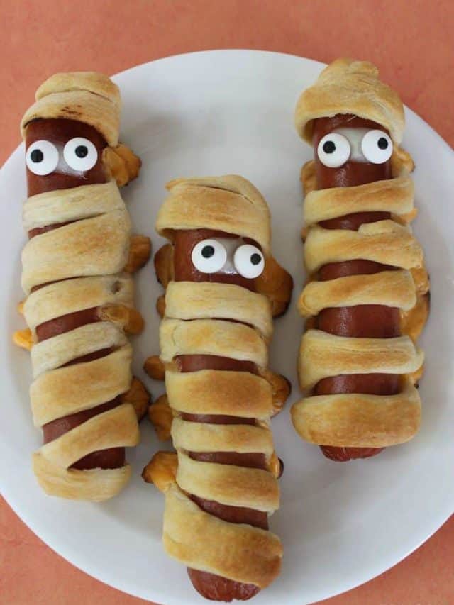 Halloween Mummy Hot Dogs with Crescent Rolls And Cheese Story