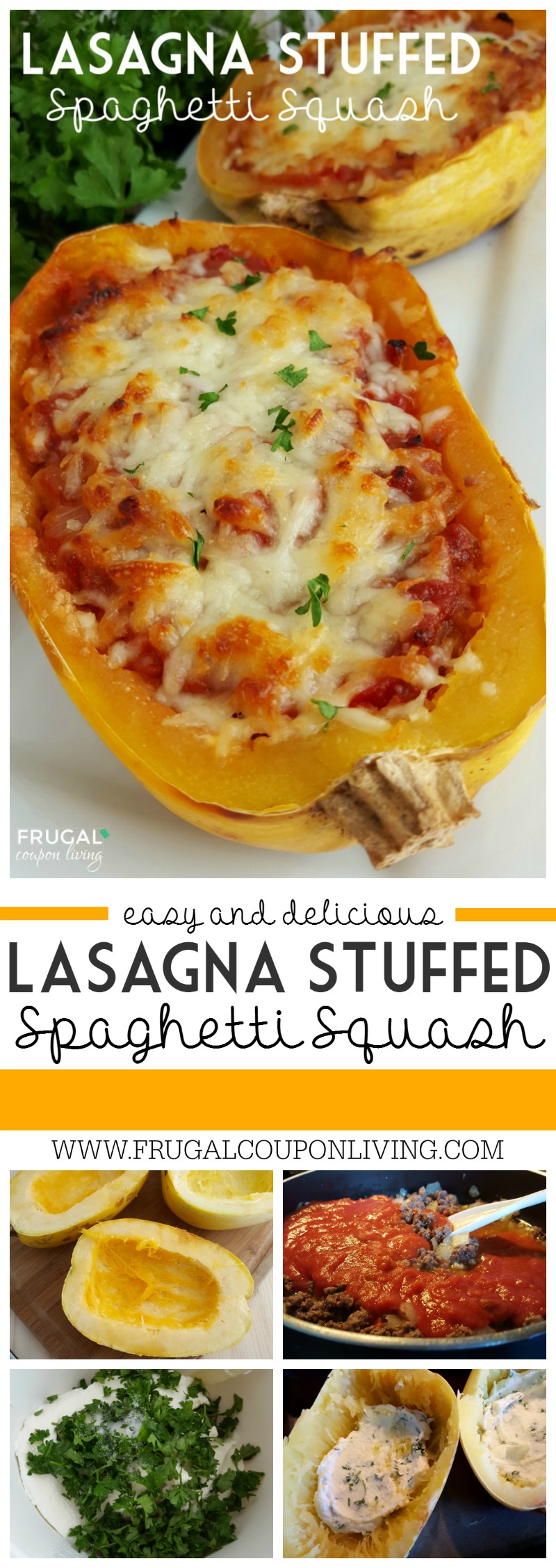 Stuffed Spaghetti Squash Lasagna on Frugal Coupon Living collage