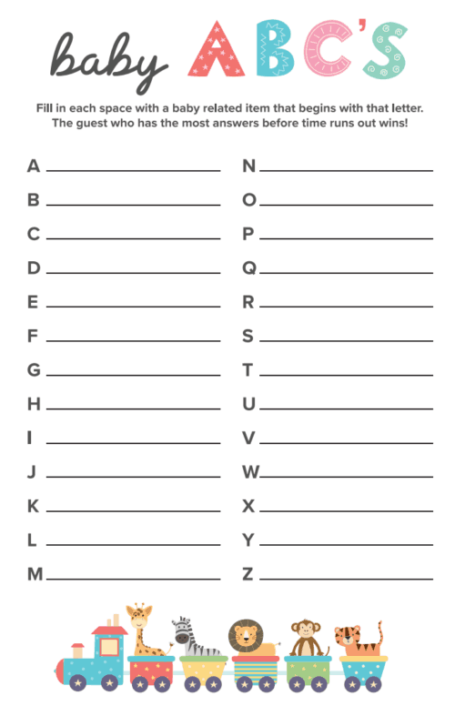 abc baby shower games printable