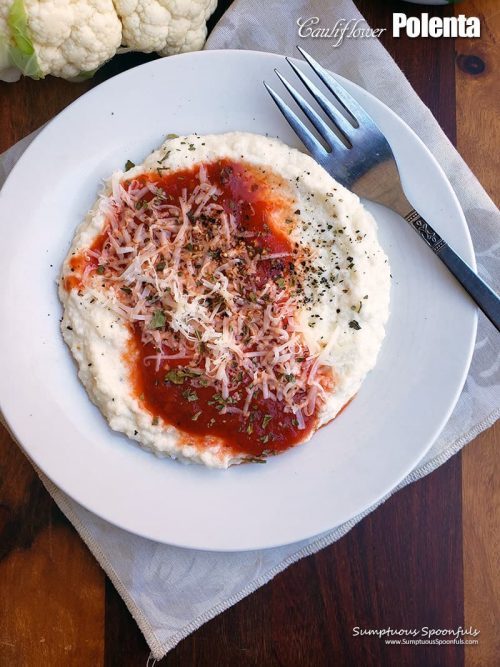 Low-Carb Cauliflower Polenta Healthy Recipe in a Dish with red sauce