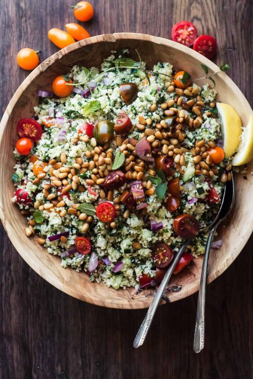 Low Carb Cauliflower Rice Tabbouleh Middle Eastern Recipe in a Bowl