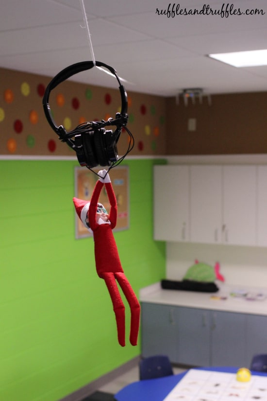 Elf on the Shelf Ideas for School | Elf Headphone Zipline