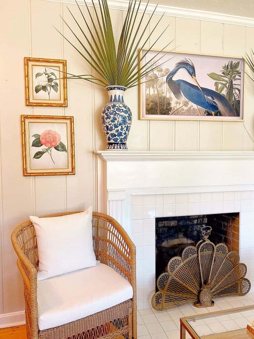 Grandmillennial Fire Place with & White Ginger Jar and Blue Heron Print