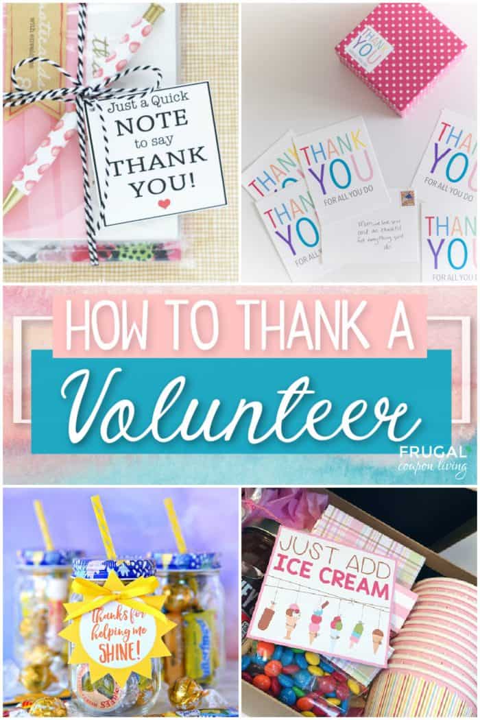 A collage of volunteer gift ideas with printable thank you gift tags