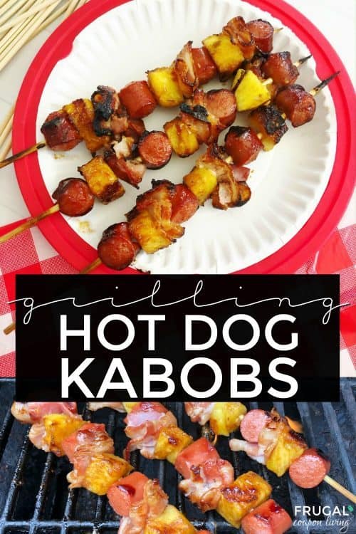 Hot Dog Kabobs with Bacon and Pineapple on the grill and a white paper plate