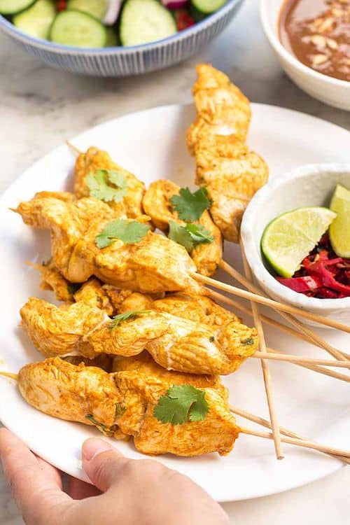 Spicy Peanut Chicken Satay with bamboo skewers