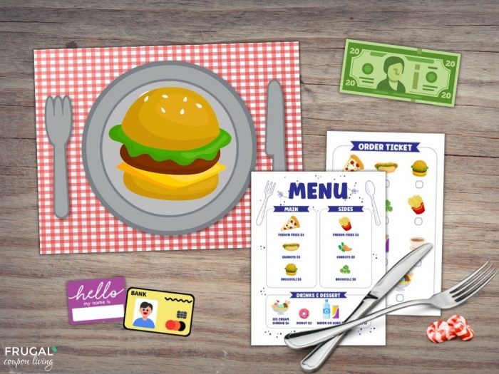 Restaurant pretend play table printable set