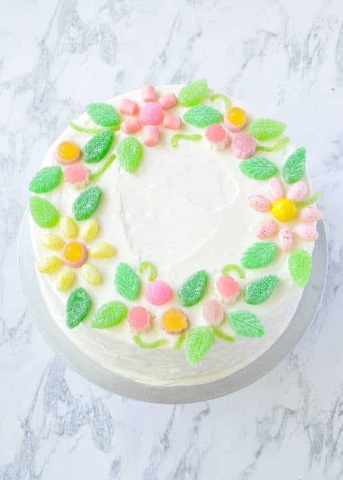fun cake for spa party with gummy candy floral wreath cake