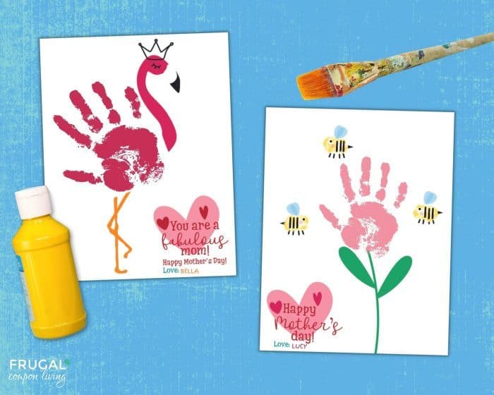handprint flower artwork with bees and flamingo handprint printable for mom