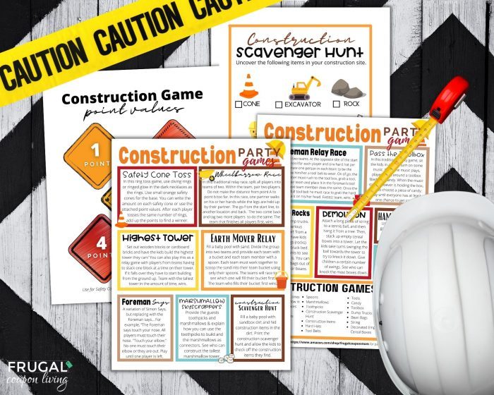 printable construction birthday party games and construction scavenger hunt checklist