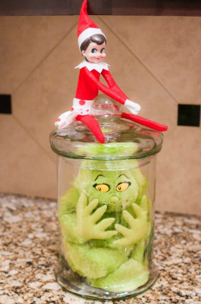 grinch caught in a jar by elf on the shelf