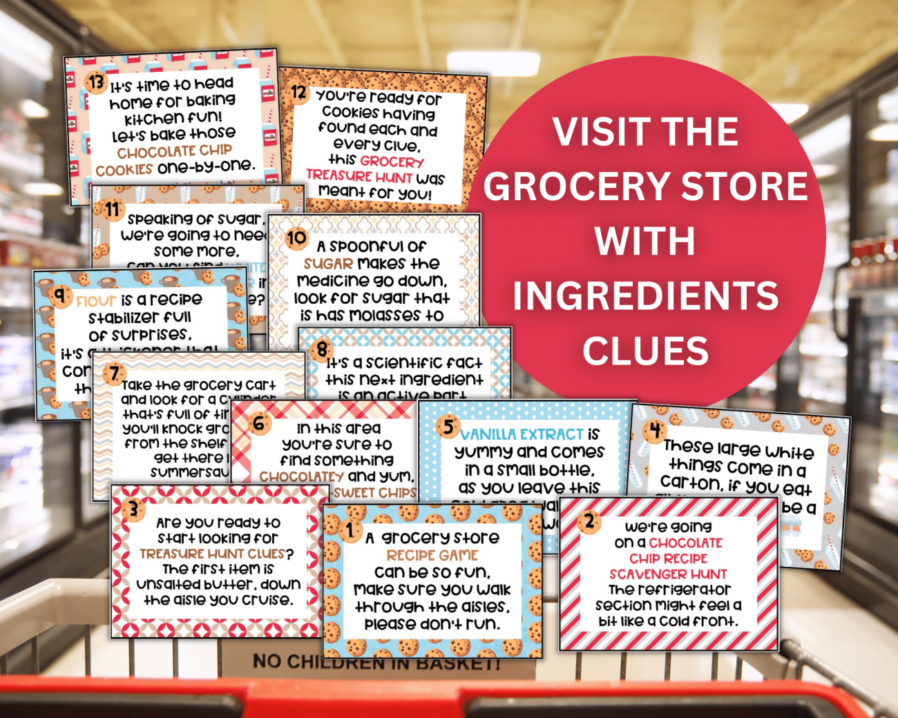 fun grocery store scavenger hunt with rhyming riddles for kids and supermarket treasure hunt clue cards
