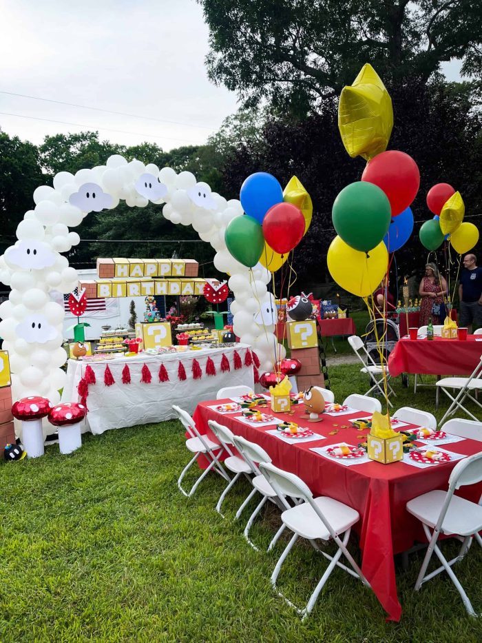 cloud balloon arch mario themed party decorations
