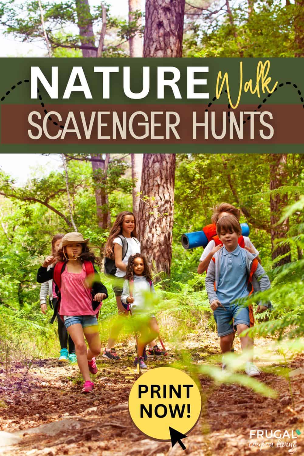 kids walking on a nature trail in the woods doing a scavenger hunt