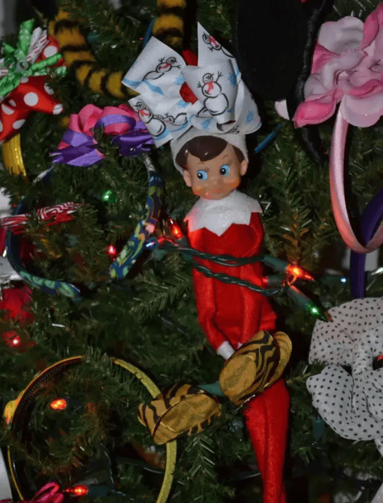 elf on the shelf in tree with bows