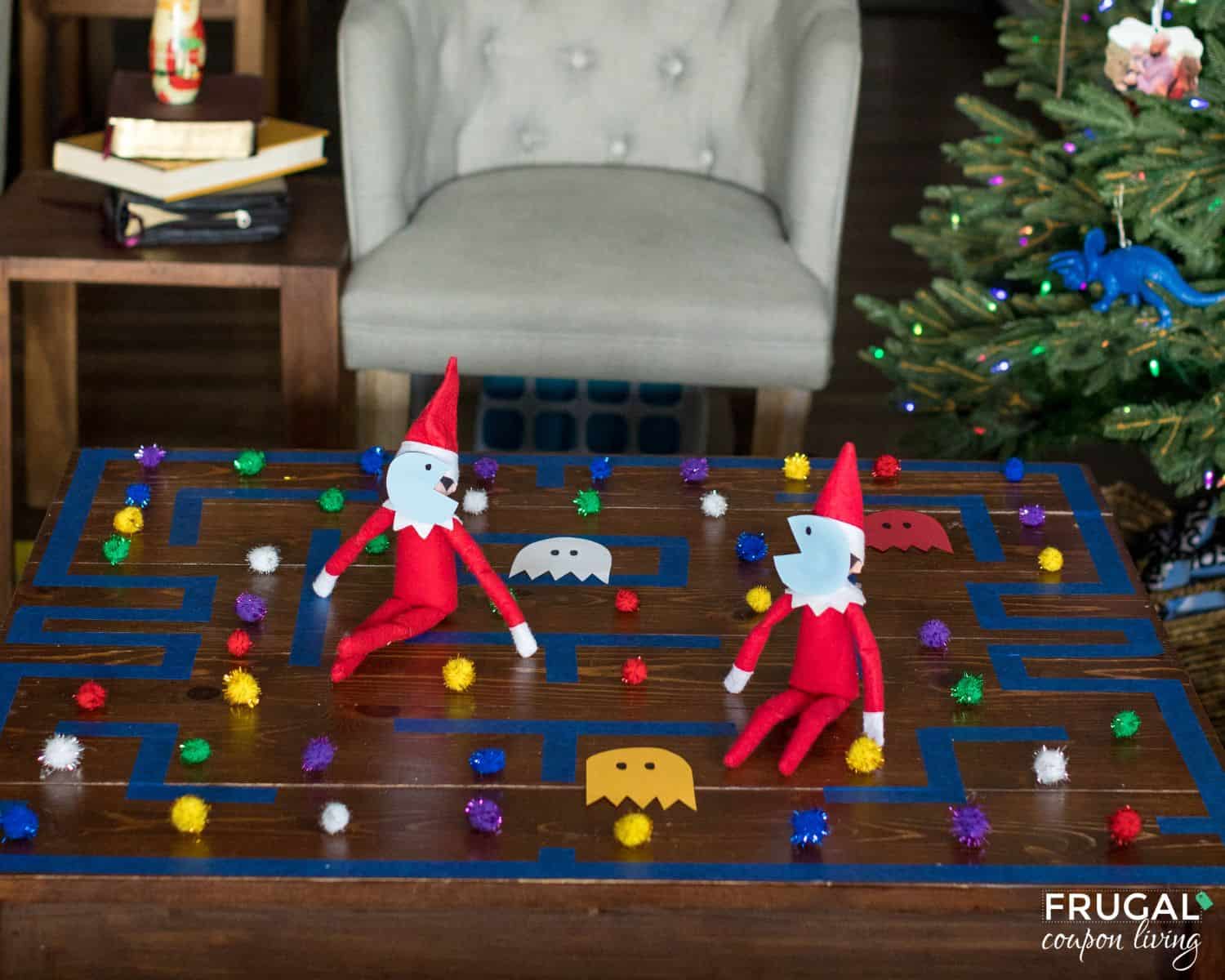 pac-man elf on the shelf maze on the coffee table