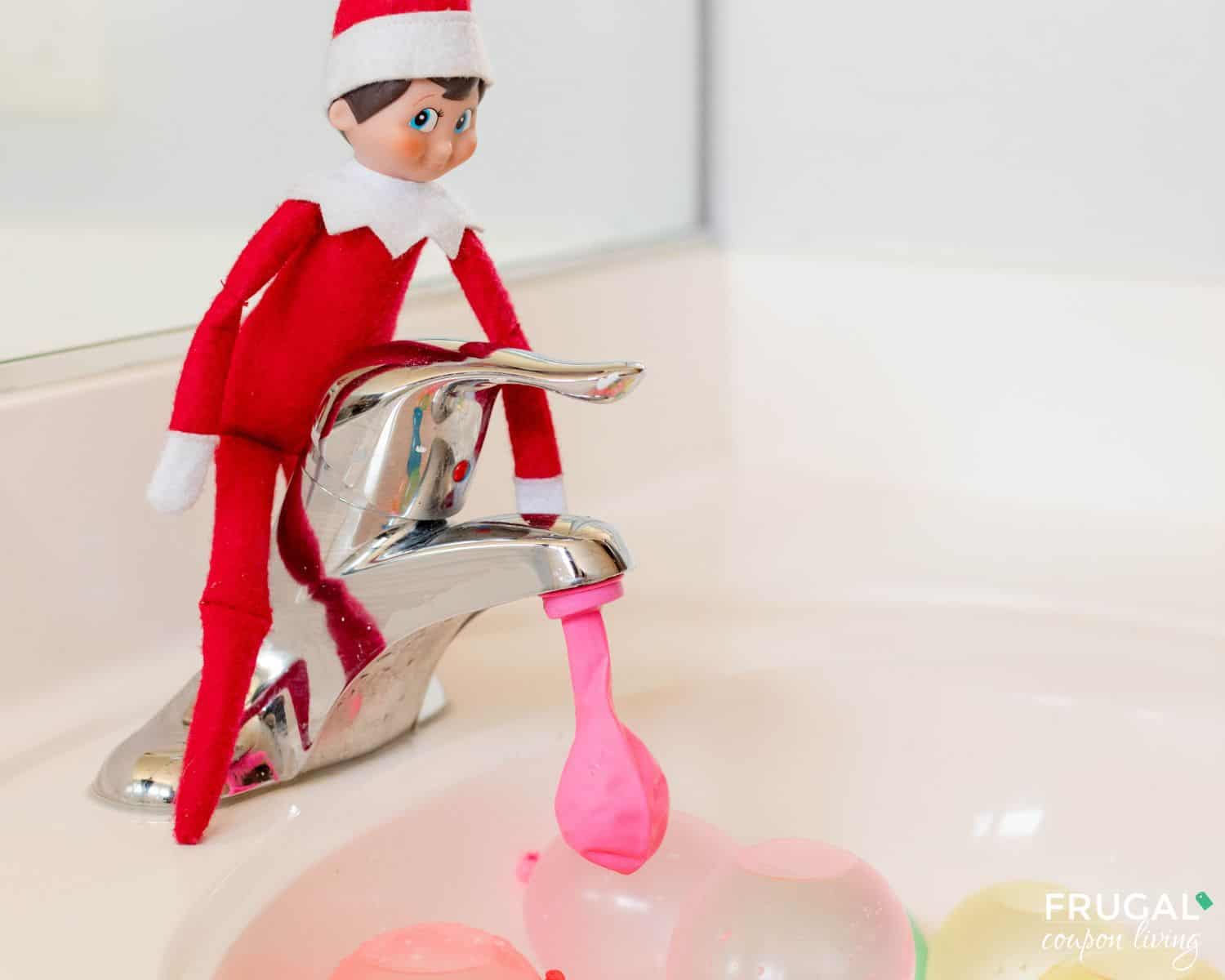 elf on the shelf water balloon idea in the bathroom