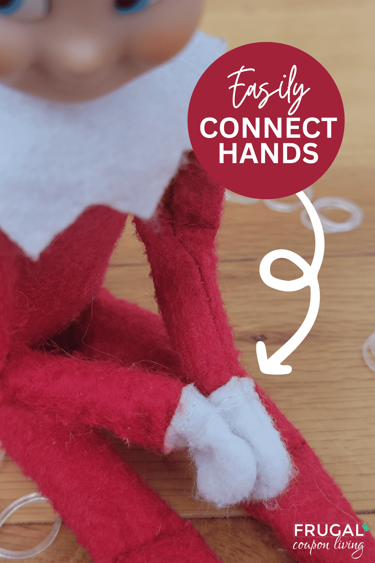 elf on the shelf hands connected with clear rubber bands