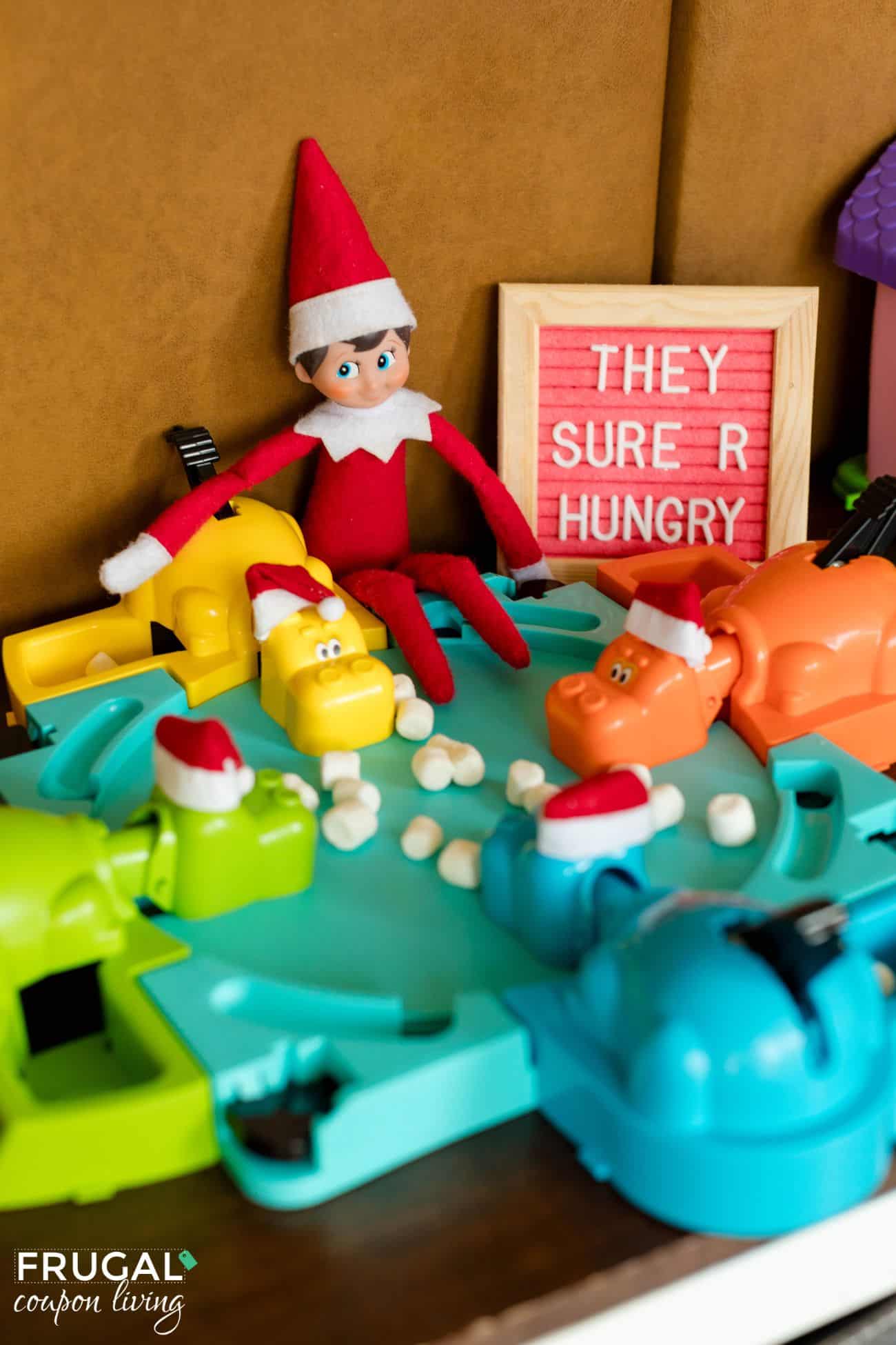 hungry hippo game with elf on the shelf and mini marshmallows