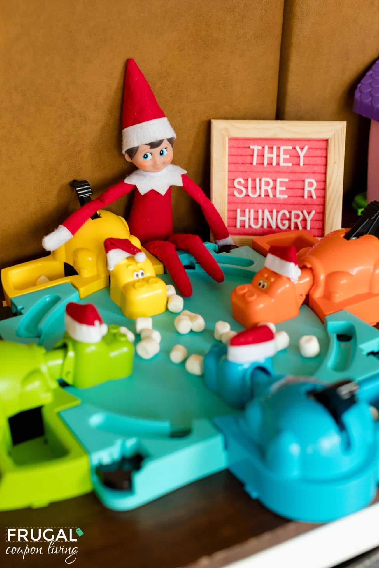 hungry hippo game with elf on the shelf and mini marshmallows