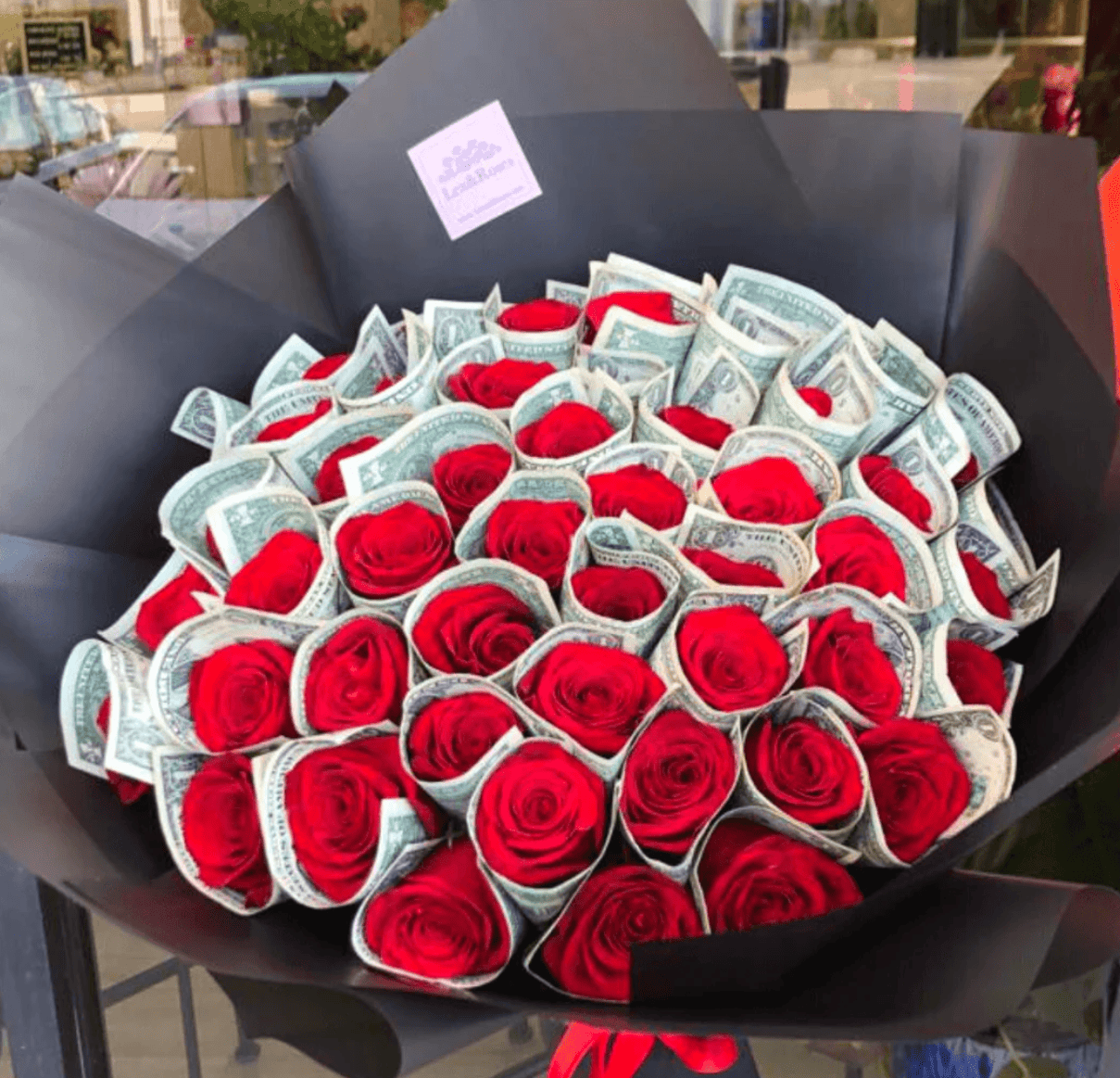 red roses money boquet