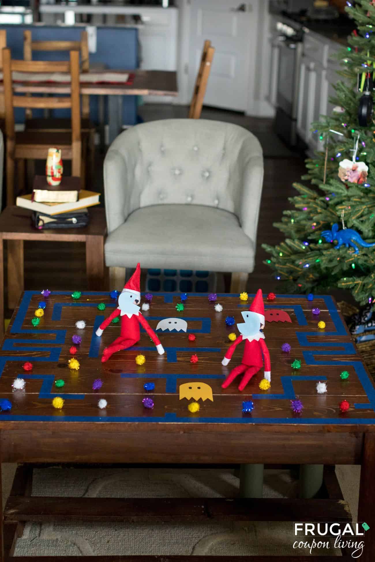 elf on the shelf pac-man maze on the coffee table