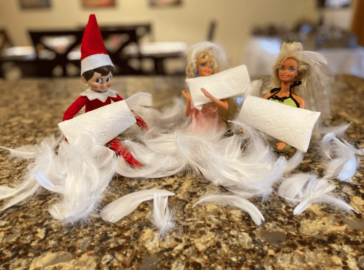 pillow fight for elf on the shelf with barbie